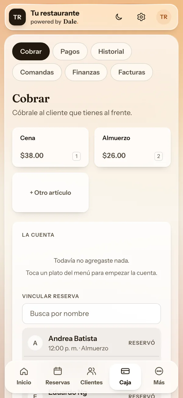 La pantalla Cobrar con la cuenta y la reserva vinculada