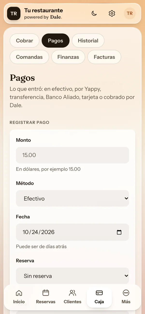 El registro de pagos por método