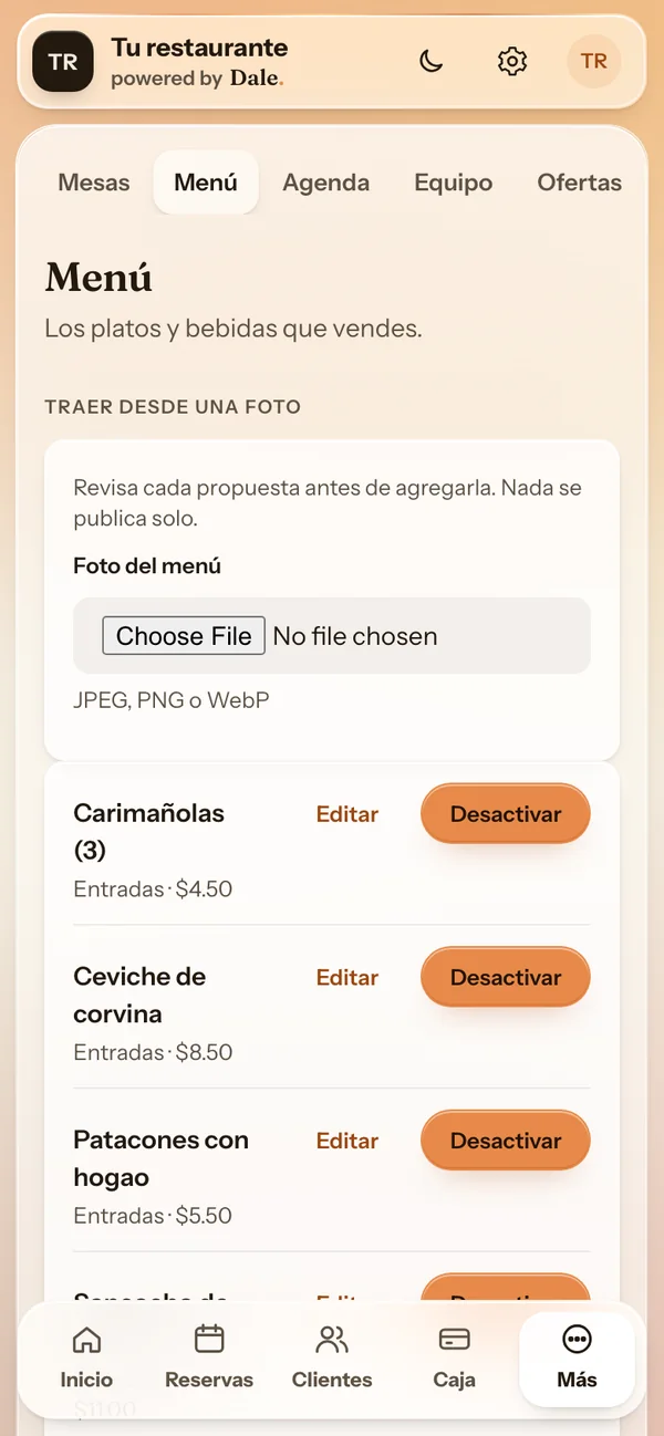 El menú del restaurante en Dale, con la opción de traerlo desde una foto